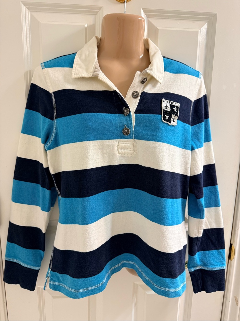 Vintage Tommy Hilfiger Blue, Navy & White Striped Rugby Polo-Fits Women’s S also